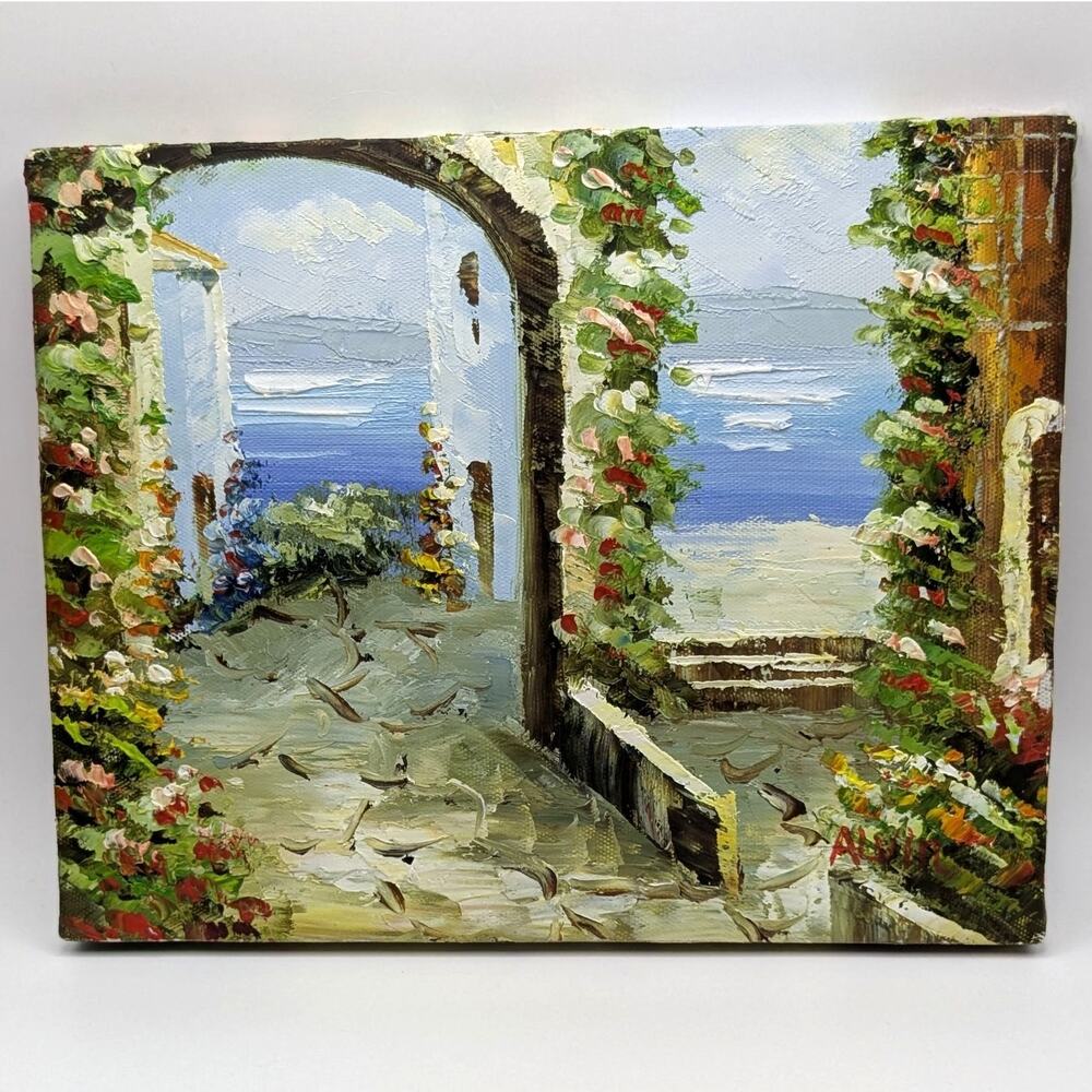 Small Hand Painted Ocean Terrace Archway Scene Canvas Art by Alvin 10in x 8in